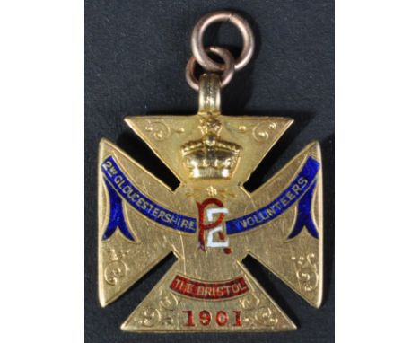 A 1901 18ct gold and enamel hallmarked fob medal ' The Bristol 2nd Gloucestershire Volunteers ' of the Royal Engineers. Hallm