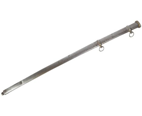 A 19th Century cavalry sword scabbard of heavy steel construction with steel mounts, suspension rings and ball finial to the 