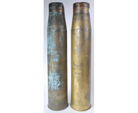 Two large Bosnian War period inert Russian 100mm field gun brass shell cases / stick stands. The shell cases recovered from B