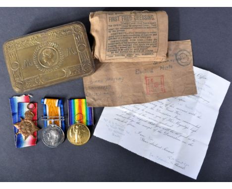 WWI First World War medal trio awarded to one 2572 Private E. J. Smith of the 1st Hertfordshire (Herts) Regiment. Comprising;