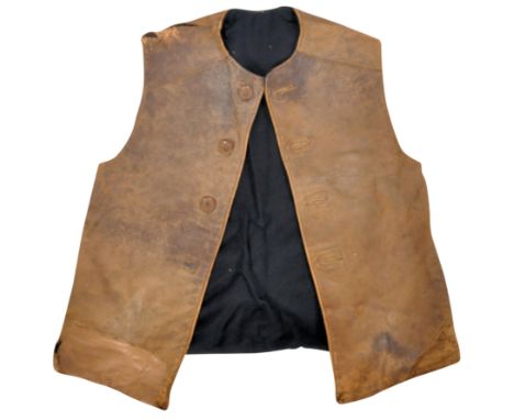 An original 1945 dated WWII Second World War British Army brown leather jerkin. The single-breasted, four-buttoned, sleeveles