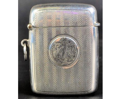 A WWI First World War interest Royal Flying Corps hallmarked silver vesta case. Engine turned banded exterior with Royal Flyi