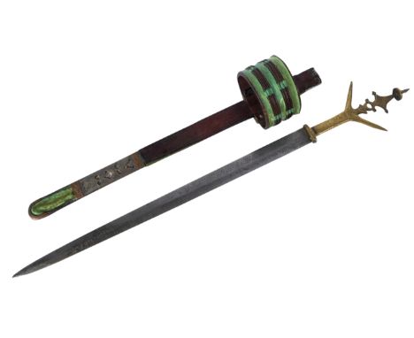A 19th century Sudanese / African Tuareg Gozma tribal arm dagger. Tri-tipped pommel in brass, leading to a double edged blade