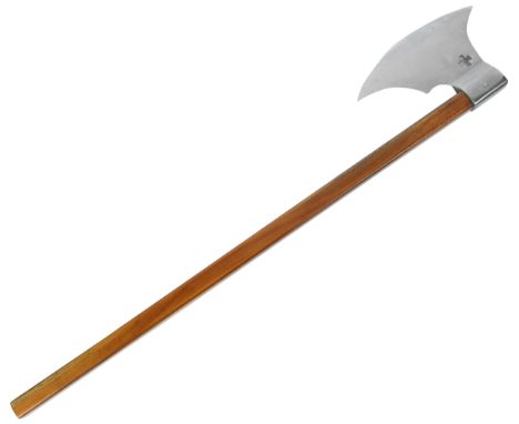 A 20th Century reenactment battle axe having a crescent axe head pierced with a cross and mounted onto a solid hardwood handl