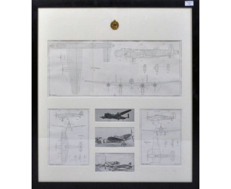 WWII Second World War Interest - an arrangement of blueprint style prints showing an RAF Spitfire, Lancaster and Hurricane. M