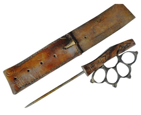 An original WWI First World War French ' nail ' type fighting dagger, comprising of a hand made oak hilt, with a steel knuckl