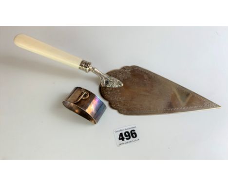 Silver trowel with bone handle, 12” long and silver napkin ring initial P, total w: 7.3 ozt