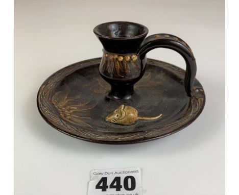 Pottery candlestick with mouse, 5.5” diameter