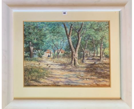 Pastel “Morning Light Through the Village Olive Grove” by R.J. Dutton. Image 23.5” x 18”, frame 36.5” x 31.5”. Chantry House 