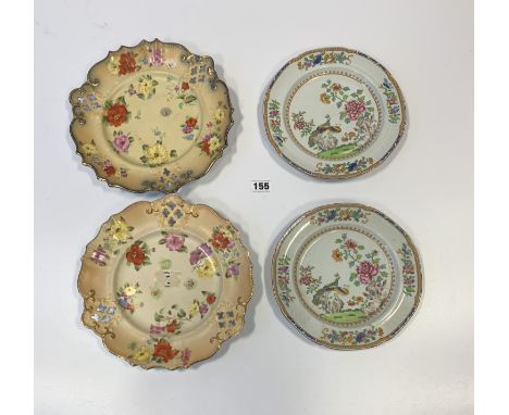 Pair of Carltonware plates, 9.5” diameter, and pair of peacock plates, 8” diameter