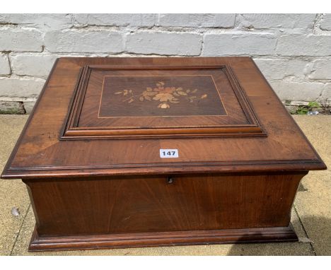 Antique Polyphon music box in inlaid box, 21” long x 18” wide with 8 discs. Working