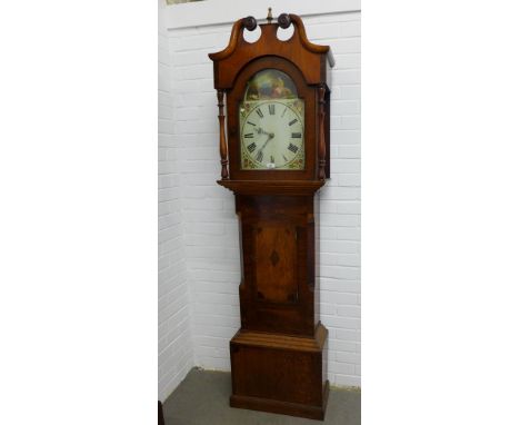 19th century longcase clock, the hood with a broken swan neck pediment over a painted dial with Roman numerals, the trunk inl