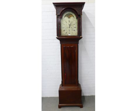 Georgian mahogany longcase clock, the flat top with a dentil and blind fret frieze above  a silvered dial inscribed Brownlie 