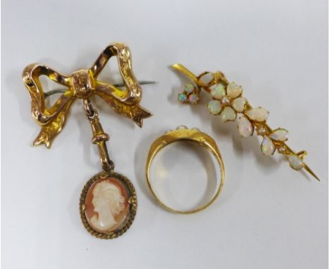 9 ct gold bow brooch, yellow metal opal brooch and an 18ct gold seed pearl ring (3) 