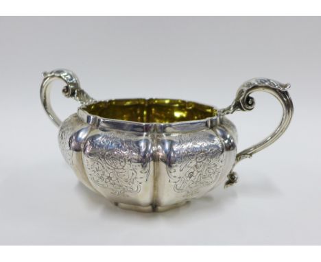 William IV silver gilt sugar basin of squat octagonal form, Paul Storr, London 1836, with engraved foliate pattern and acanth