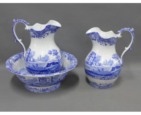 Spode Italian pattern blue and white basin and ewer and another (2nd jug a/f) (3) 