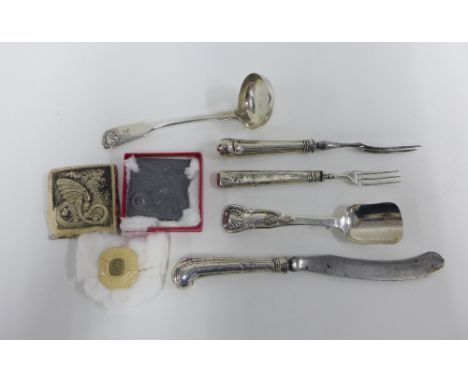 Victorian Edinburgh silver preserve spoon, William IV Edinburgh silver sauce ladle by John Mackay, silver handled knife and f