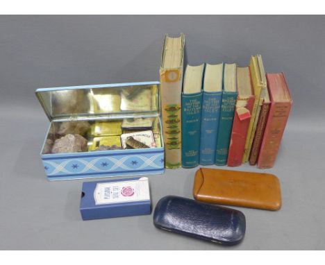 Vintage tins, pipes, cigar case, amethyst geode and Natural History books (a lot) 