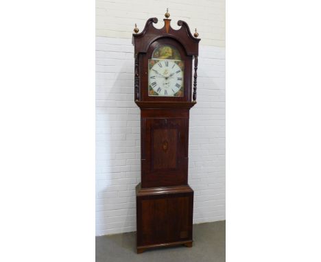 19th century mahogany and oak longcase clock with a broken swan neck pediment over a painted dial singed Skirrow, Halifax, 60