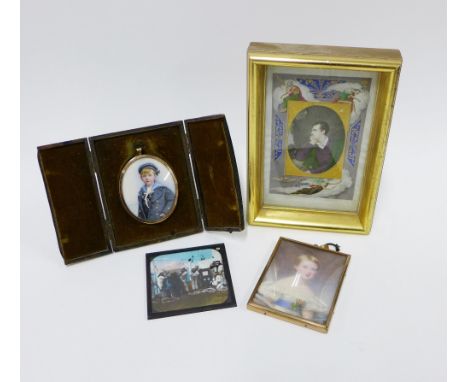 Three portrait miniatures, one of young boy in a sailor's suit, another of a young woman in a rectangular frame and one of a 