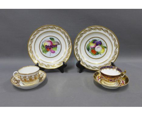 18th century English porcelain cabinet cups and saucers and two fruit pattern plates (6)  