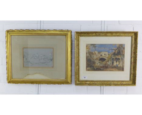 19th century watercolour of a Mediterranean village and a pencil sketch - La Casa, both by the same hand and signed with a mo