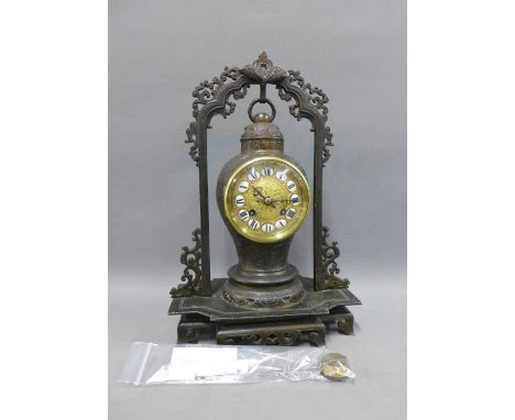 19th century French Japonisme patinated and parcel gilt mantle clock with an eight day movement, striking on a gong, stamped 