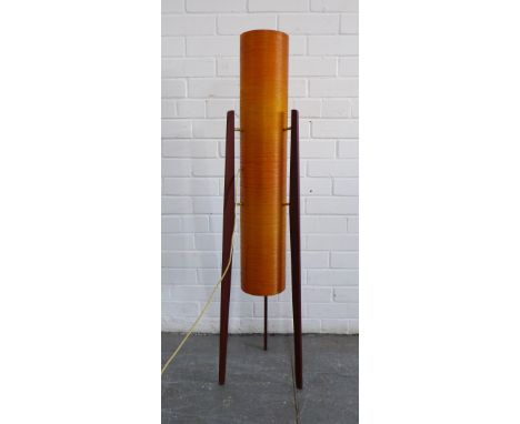Mid-Century Rocket lamp with orange cylindrical shade and three tapering  teak legs, 113cm 