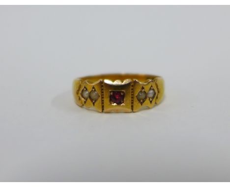 15ct gold ruby and seed pearl ring, hallmarks for Chester 1900, UK ring size  