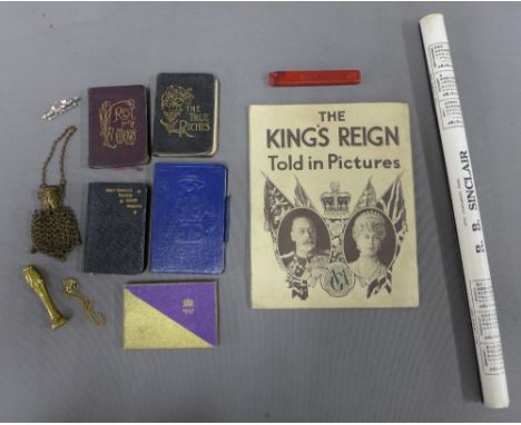 Mixed lot to include Browns girl Guide diary,brass sea; and wax, miniature books, The King's Reign in Pictures, vintage calen