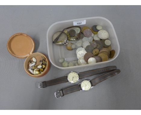Two Gents vintage wristwatches, pocket watch, shirt studs and pre decimal coins, (a lot)