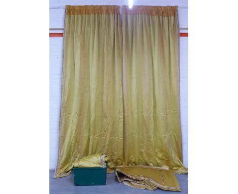 Two pairs of gold coloured lined curtains with two pelmets , 355 x 165cm 