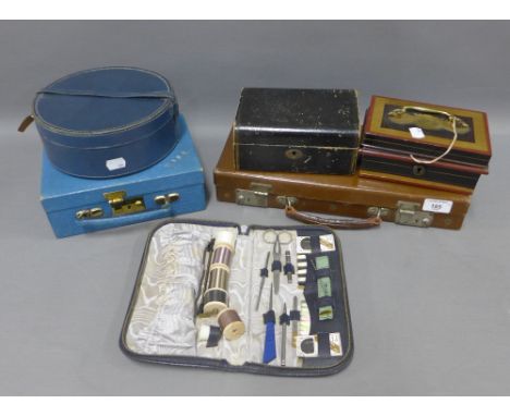 Collection of vintage boxes comprising leather cases and tin boxes, together with a sewing kit etc (6)