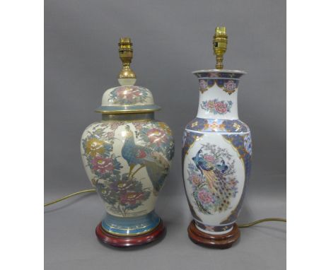 Two chinoiserie style pottery table lamp bases and shades approx 48cm (2) 