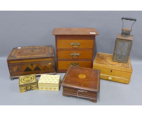Collection of 19th century boxes to include a Georgian sewing box, straw boxes and a lantern, (a lot) 