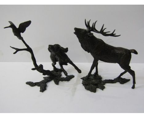 ANIMAL BRONZES, limited edition bronze Stag, 13cm height; together with hunting dog group, 14cm 