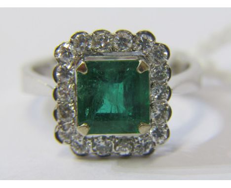 BEAUTIFUL 14ct WHITE GOLD EMERALD &amp; DIAMOND RING, principal modified rectangular cut emerald, surrounded by brilliant cut