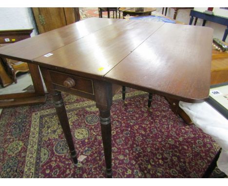 VICTORIAN PEMBROKE TABLE, mahogany narrow bodied single drawer pembroke table, tapering legs and brass castors 