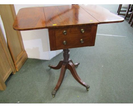 REGENCY MAHOGANY NEEDLEWORK TABLE, twin drawers with drop leaf body on inlaid splayed 4 leg base with brass claw castors 