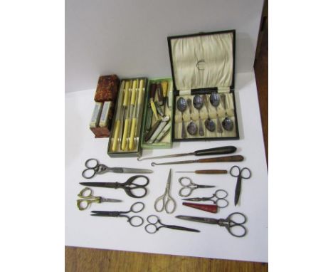 VINTAGE SCISSORS, small collection of Victorian and later scissors, 3 button hooks, assorted folding fruit knives including m