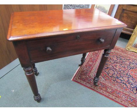 VICTORIAN MAHOGANY OCCASIONAL TABLE, single drawer with tapering turned legs and castors, 69cm width 