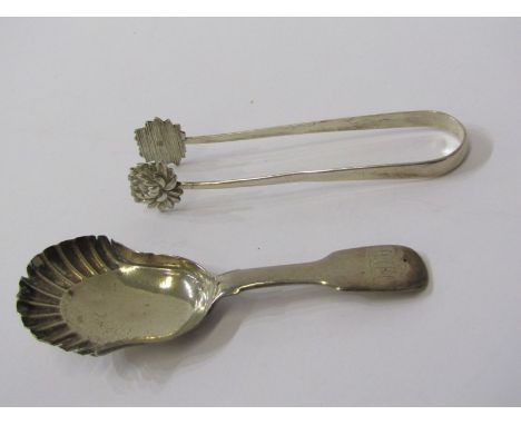 GEORGIAN SILVER CADDY SPOON, London 1826, together with Eastern silver tongs 