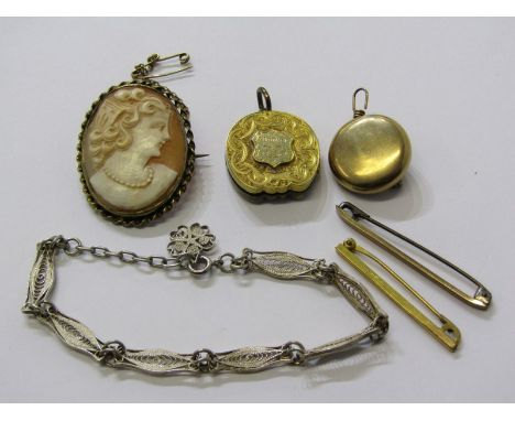 COSTUME JEWELLERY, Victorian pinchbeck locket with foliate engraving to front and horseshoe design to rear, oval cameo bar br