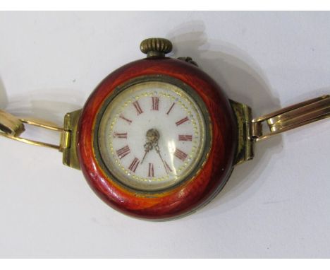 LADIES ENAMELLED WRIST WATCH, manual wind with pin set, movement appears to be in working condition on 15ct yellow gold sprun
