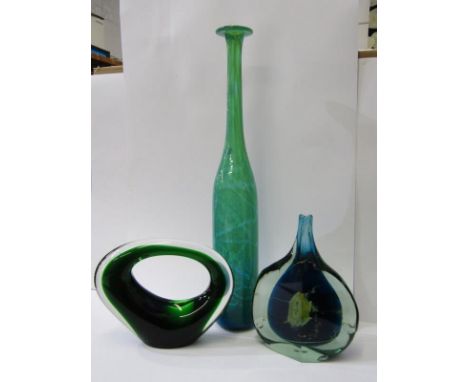 HOLMEGAARD, green glass table ornament, 17cm height; also Mdina tall bottle flask, 48cm height and similar art glass vase 