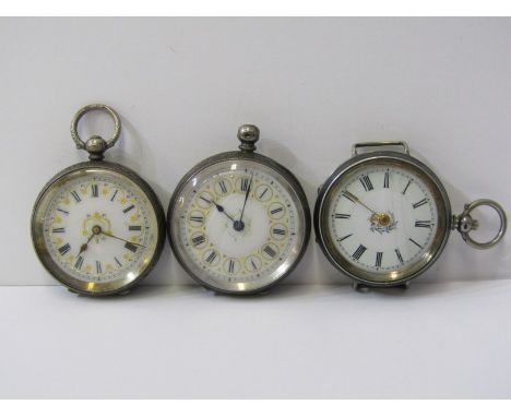 3 LADIES SILVER CASED POCKET WATCHES, all with foliate engraved decoration and key wind with enamel faces 