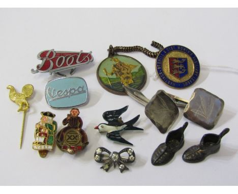 RETRO ENAMEL BADGES, various small badges including Vespa, Boots, breweries etc. also cuff links and charms 