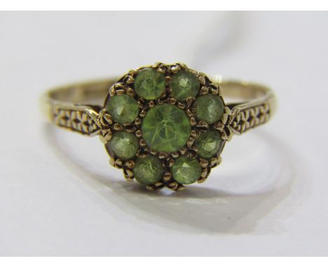 PERIDOT CLUSTER RING, 9ct yellow gold ring, set a cluster of 9 peridots, size R, Birmingham HM 