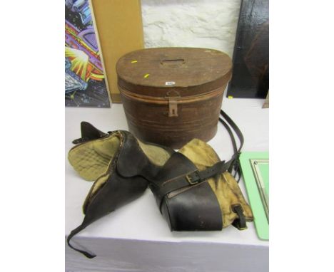 MILITARY, WWI leather horse's gas mask, also vintage metal storage box and pony leather saddle 