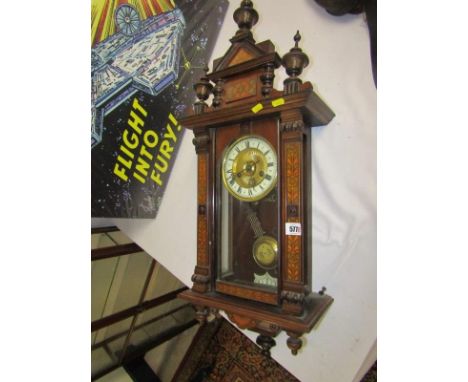 VIENNA DESIGN WALL CLOCK, late 19th century clock with foliate transfer print decoration to case 84cms length